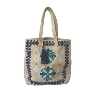Vineyards Vines Embroidered Floral Captain Tote bag Natural Beige Blue Boho